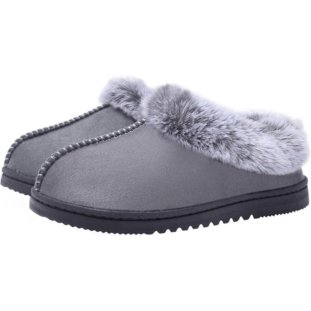 Women's Gray Fuzzy Cozy Faux Fur Memory Foam  Rubber Sole Slippers Boots Shoes